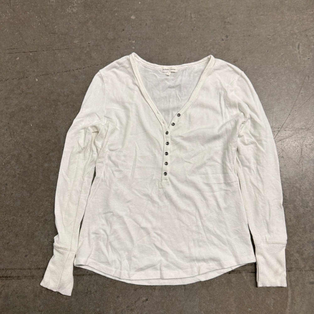 Bohme‎ Essentials Womens White Long Sleeve Henley V-Neck Button Top Large